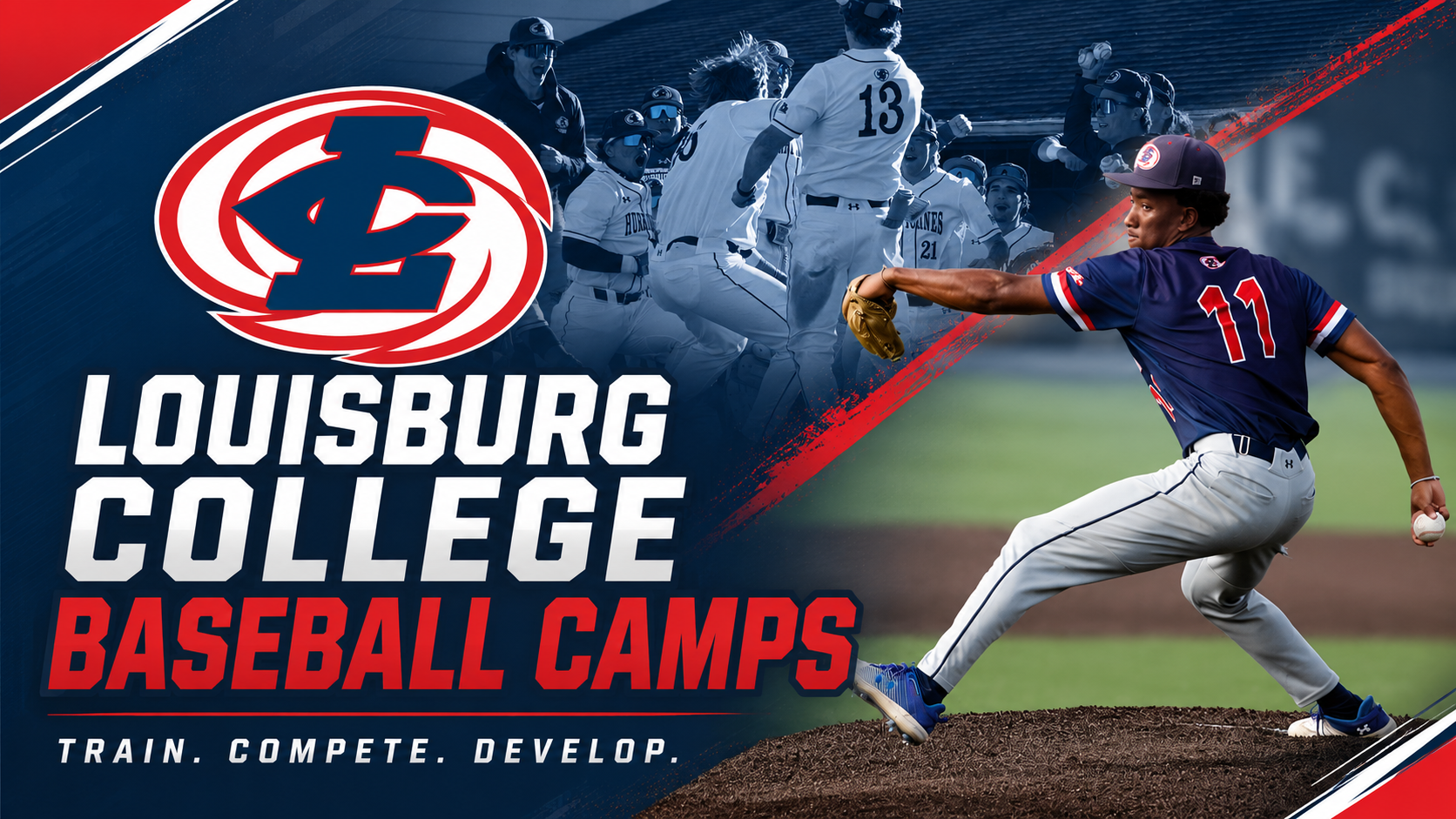 Louisburg College Baseball Camp Graphic with pitcher and team celebration.